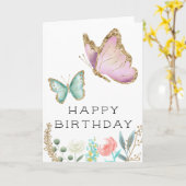 ピンクお洒落アンドミントバタフライ誕生日 カード (黄色い花)