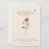 ピンクお洒落イエローワイルドフラワー結婚チョウ 招待状 (正面)
