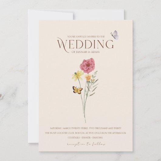 ピンクお洒落イエローワイルドフラワー結婚チョウ 招待状 (正面)