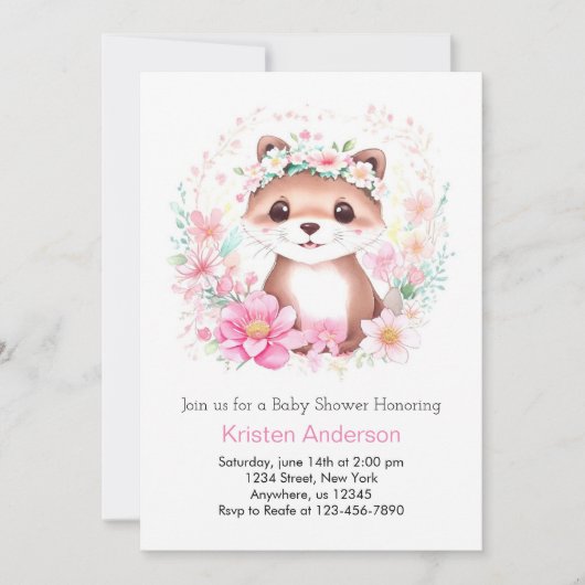 ピンクお洒落オッターメドウガールベビーシャワー 招待状 (正面)