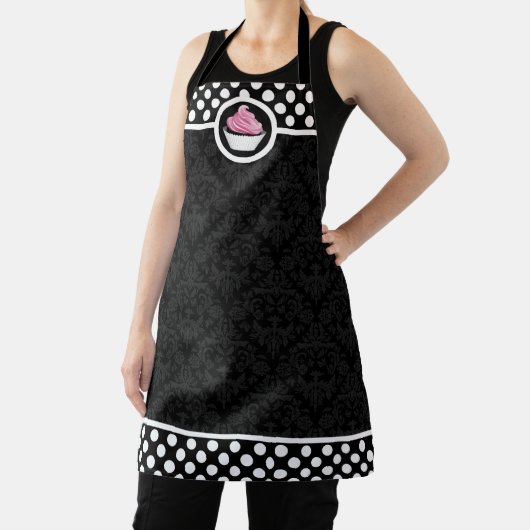 ピンクお洒落カップケーキダマスク水玉模様 エプロン (インサイチュ)