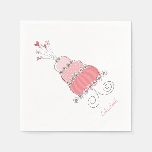 ピンクお洒落ガールデイジーお誕生日ケーキキッズパーティー スタンダードカクテルナプキン (正面)