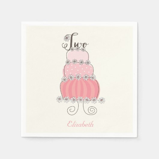 ピンクお洒落ガール2ndバースデーケーキキッズパーティー スタンダードカクテルナプキン (正面)