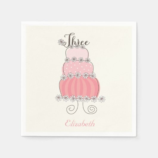 ピンクお洒落ガール3rdバースデーケーキキッズパーティー スタンダードカクテルナプキン (正面)