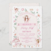 ピンクお洒落クアーチフェアリーファースト誕生日誕生日 招待状 (正面/裏面)