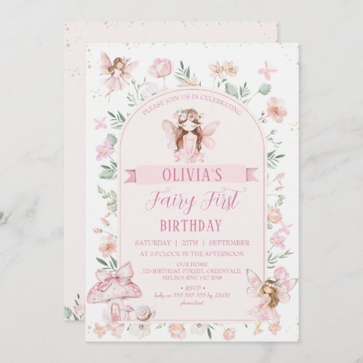 ピンクお洒落クアーチフェアリーファースト誕生日誕生日 招待状 (正面/裏面)