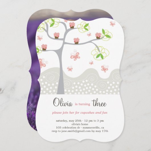 ピンクお洒落クッケーキツリーガール誕生日招待状 招待状 (正面/裏面)