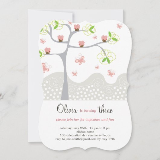 ピンクお洒落クッケーキツリーガール誕生日招待状 招待状 (正面)