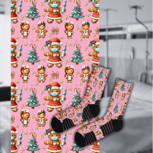 ピンクお洒落クリスマスジンジャーブレッドガールナース ソックス
