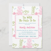 ピンクお洒落グリーン手引き茶ブライダルシャワー 招待状 (正面)
