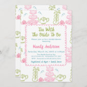 ピンクお洒落グリーン手引き茶ブライダルシャワー 招待状 (正面/裏面)