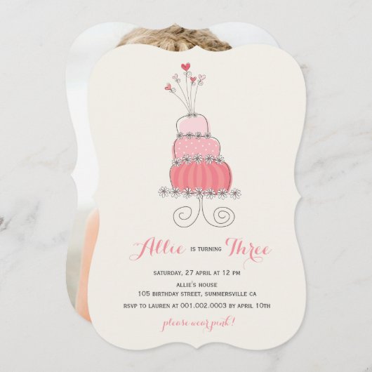 ピンクお洒落ケーキガールバースデーパーティー招待状 招待状 (正面/裏面)