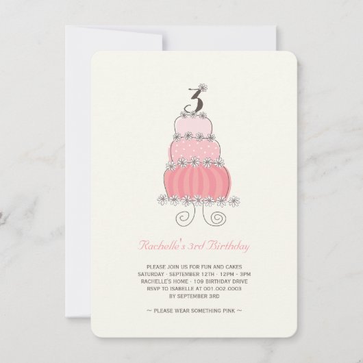 ピンクお洒落ケーキガール3rd誕生日パーティー招待状 招待状 (正面)