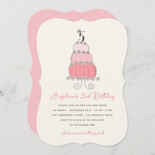 ピンクお洒落ケーキガール5thバースデーパーティー招待状 招待状 (正面/裏面)