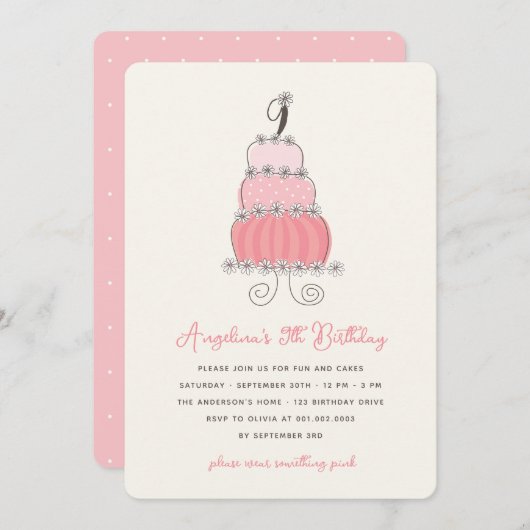 ピンクお洒落ケーキガール9thバースデーパーティー招待状 招待状 (正面/裏面)
