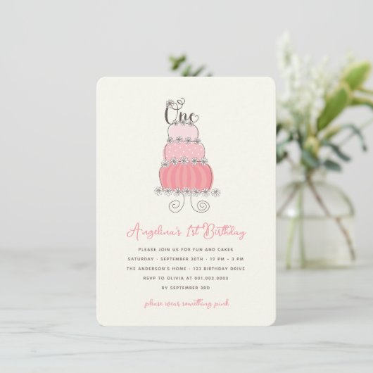 ピンクお洒落ケーキベビーガール1st誕生日パーティー 招待状 (スタンド正面)