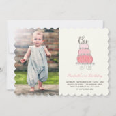 ピンクお洒落ケーキ赤ちゃんガールファースト誕生日写真 招待状 (正面)