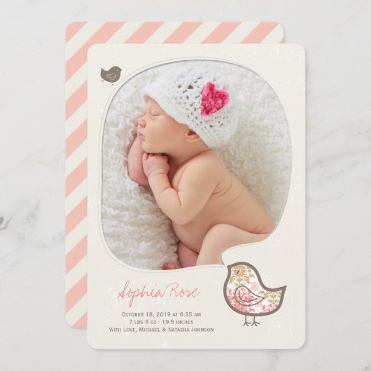 ピンクお洒落シック赤ちゃん出産発表 案内状 (正面/裏面)