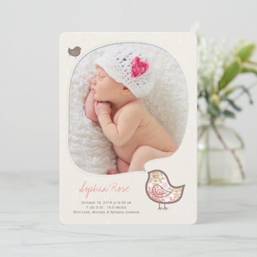 ピンクお洒落シック赤ちゃん出産発表 案内状 (スタンド正面)