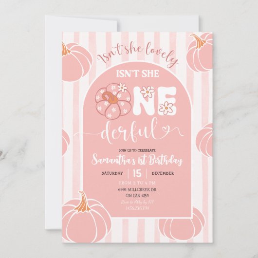 ピンクお洒落ストライプパンプキンオンエルフル誕生日 招待状 (正面)