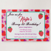 ピンクお洒落ストロベリーファースト誕生日招待状 ジグソーパズル (横)
