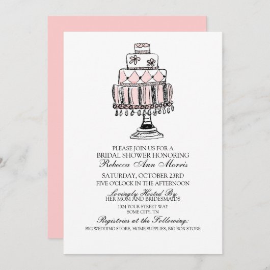 ピンクお洒落ス結婚ケーキブライダルシャワー 招待状 (正面/裏面)