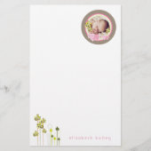 ピンクお洒落ゾウ家族のベビーガール写真 便箋 (正面)