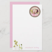 ピンクお洒落ゾウ家族のベビーガール写真 便箋 (正面/裏面)