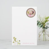 ピンクお洒落ゾウ家族のベビーガール写真 便箋 (スタンド正面)