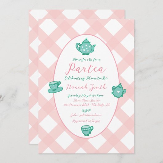 ピンクお洒落ティーパーティー赤ちゃんシャワー 招待状 (正面/裏面)