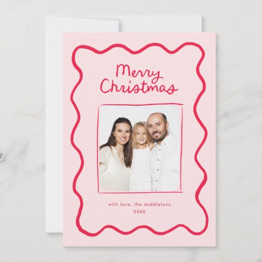 ピンクお洒落ドードルウェーブフレームのクリスマスフォト シーズンカード (正面)