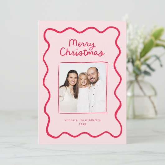 ピンクお洒落ドードルウェーブフレームのクリスマスフォト シーズンカード (スタンド正面)