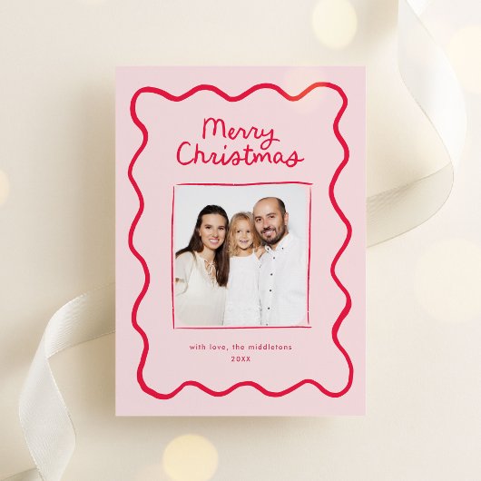 ピンクお洒落ドードルウェーブフレームのクリスマスフォト シーズンカード