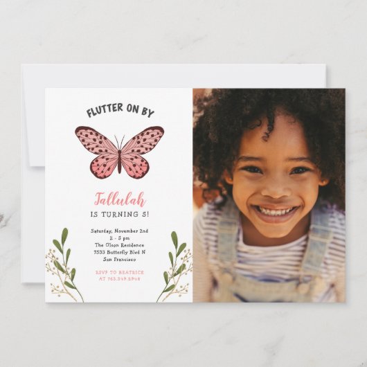 ピンクお洒落バタフライガールバースデーパーティーの写真 招待状 (正面)