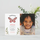 ピンクお洒落バタフライガールバースデーパーティーの写真 招待状 (スタンド正面)