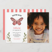 ピンクお洒落バタフライガールバースデーパーティーの写真 招待状 (正面/裏面)