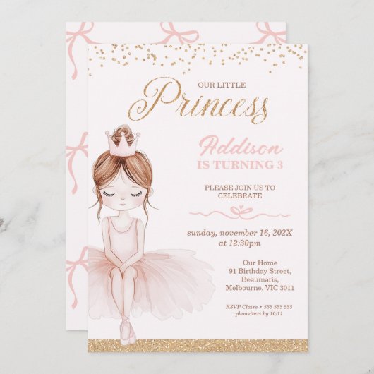ピンクお洒落バレリナリトルプリンセス誕生日 招待状 (正面/裏面)