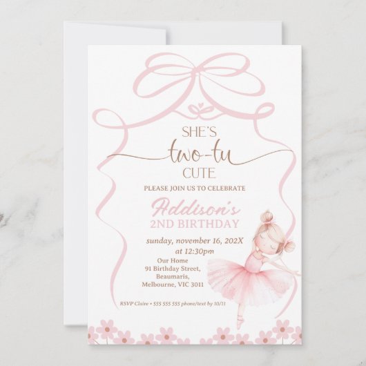ピンクお洒落バレリーナ2つのTUかわいい2番目の誕生日 招待状 (正面)