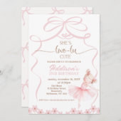 ピンクお洒落バレリーナ2つのTUかわいい2番目の誕生日 招待状 (正面/裏面)