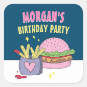 ピンクお洒落バーガーとフライスの誕生日パーティー スクエアシール (正面)