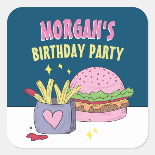 ピンクお洒落バーガーとフライスの誕生日パーティー スクエアシール (正面)