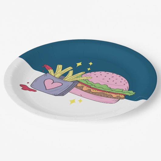 ピンクお洒落バーガーとフライスの誕生日パーティー ペーパープレート (アングル)