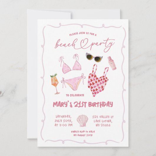 ピンクお洒落ビーチパーティー誕生日 招待状 (正面)
