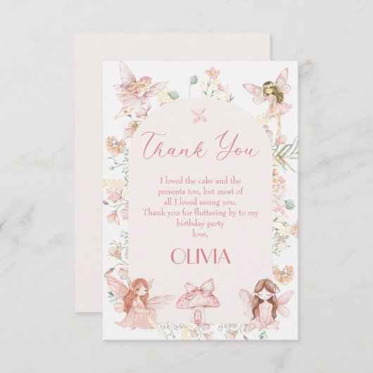 ピンクお洒落フェアリーファースト誕生日サンキューカード サンキューカード (正面/裏面)