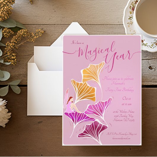 ピンクお洒落フェアリーファースト魔法誕生日 招待状