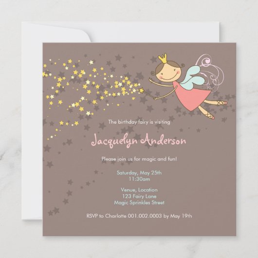 ピンクお洒落フェアリープリンセススターズガール誕生日 招待状 (正面)