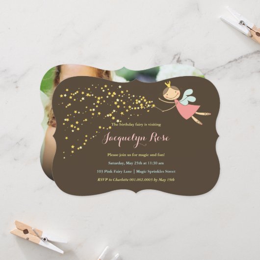 ピンクお洒落フェアリープリンセスフォトガール誕生日 招待状 (正面/裏面インサイチュ)