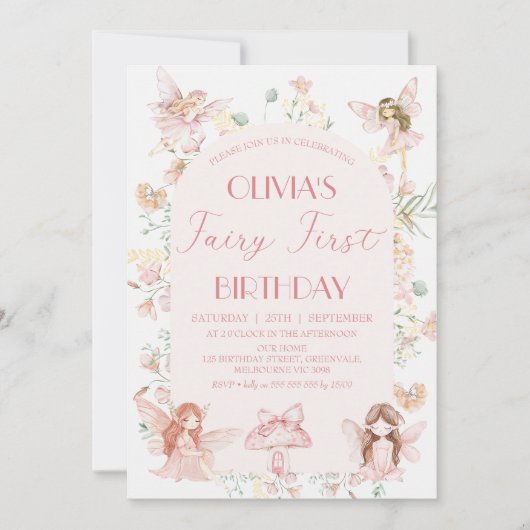 ピンクお洒落フェアリー第1誕生日第1誕生日 招待状 (正面)