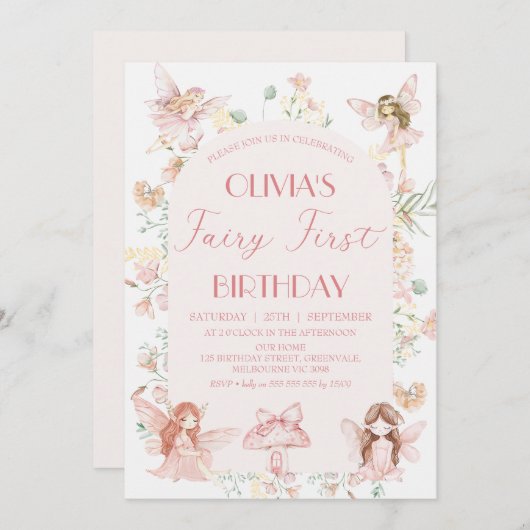 ピンクお洒落フェアリー第1誕生日第1誕生日 招待状 (正面/裏面)