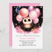 ピンクお洒落フクロウ山花少女ベビーシャワー 招待状 (正面/裏面)